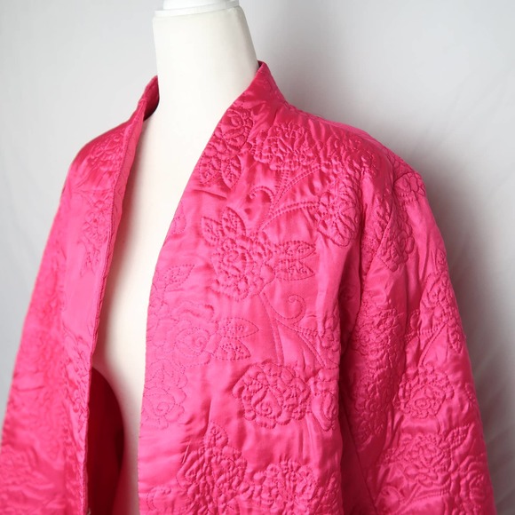 Vintage Liz Baker hot pink satin floral quilt embroidered jacket Large - Picture 2 of 6
